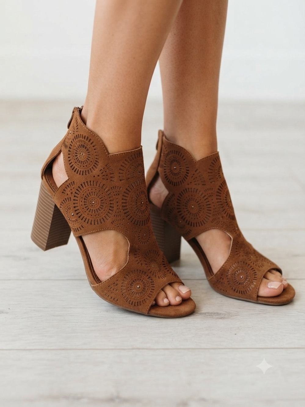 Cutout Laser-Cut Brown Block Heel Sandals